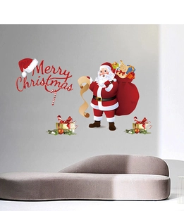 Detail of Merry Christmas wall decals with Santa Claus and gift boxes on white wall
