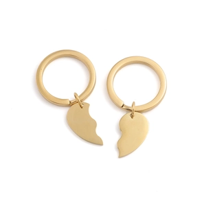 Golden stainless steel split heart couple keychain set with polished DIY finish