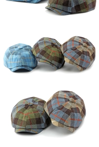 Vertical collage showing vintage plaid newsboy caps in blue, green, and brown wool textures