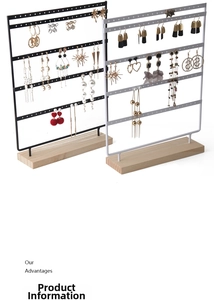 5-tier 100-hole metal earring organizer stand with stable wooden base in black and white