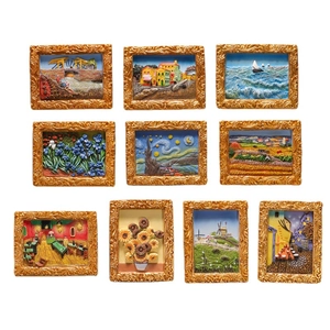 Van Gogh 3D resin fridge magnet set featuring Starry Night and Sunflowers in gold frames