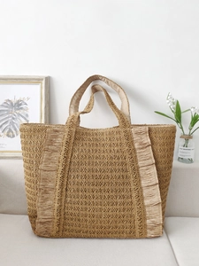 Large Straw Woven Tote Bag Bohemian Beach Summer Shoulder Handbag With Fringe Tassels Paper Material For Women