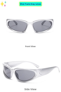 Front and side views of silver futuristic oval sports sunglasses for kids with grey lenses