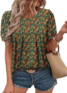 Detail of floral print t-shirt featuring a teardrop cutout and puff sleeves design