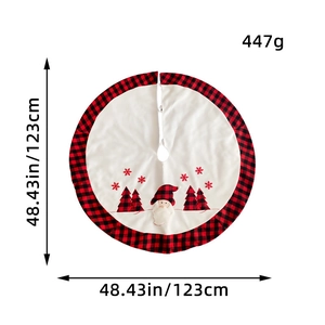 Classic white Christmas tree skirt with red black plaid trim and Santa motifs, 48 inch size