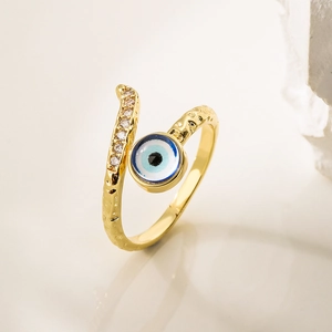 18K gold plated hammered open ring with evil eye motif and zircon accents for women