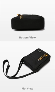 Detail view of the durable black Oxford fabric bag with contrasting yellow zipper accents