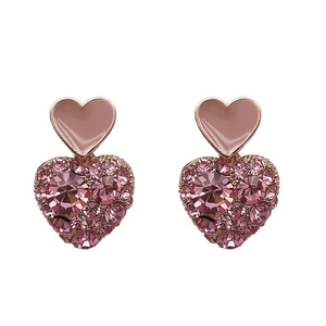 Elegant rose gold heart drop earrings with pink enamel and sparkling crystal inlay