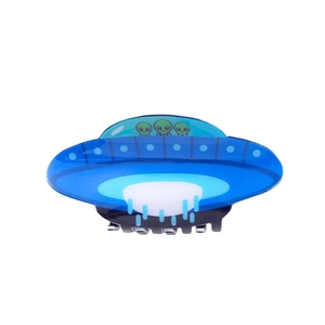 Whimsical blue UFO hair claw clip featuring green aliens made of durable acrylic acetate