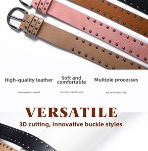 Detail of multi-color cowhide leather belts with double-row metal rivets and silver buckle