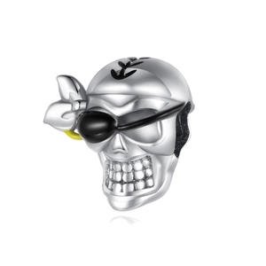 Detailed view of silver skull pirate charm with eye patch and anchor for DIY jewelry