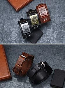 Detail of leather bracelets with Vegvisir compass metal plates in black and brown tones