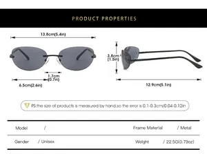 Detailed size chart for rimless cat eye sunglasses with metal frame dimensions and specs
