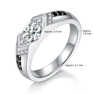 1ct marquise cut moissanite ring in silver with black and white side stones, front view