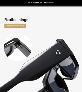 Close-up of flexible hinge and high quality painting on black square sunglasses