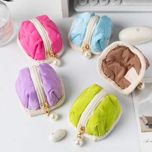 Quilted cotton mini storage pouch with pearl zipper in multiple pastel colors