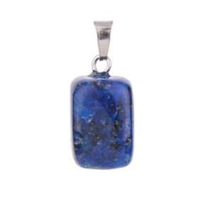 Macro shot of rectangular blue lapis lazuli stone pendant with silver metal bail clasp