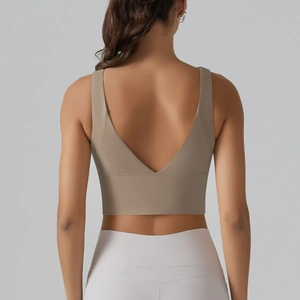 Detailed back view of V-cut yoga sports bra featuring a wide supportive elastic band