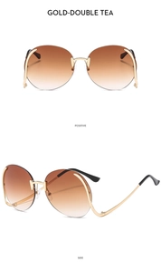 Front and side view of gold rimless sunglasses with gradient brown lenses and curved temples