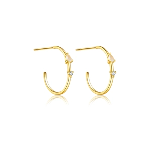 Elegant gold C-shaped hoop earrings with pear-shaped white gemstone and round diamonds