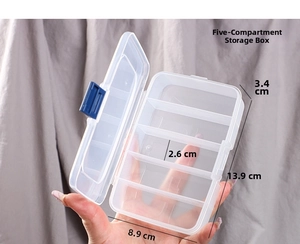 5-Fächer Aufbewahrungsbox transparent mit blauem Verschluss und Maßen 13,9x8,9x3,4cm