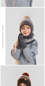 Close-up of children winter knit hat scarf and gloves set with soft fleece lining
