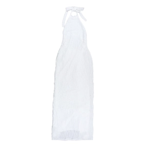 Detailed view of white backless halter dress with textured cutout fabric for women