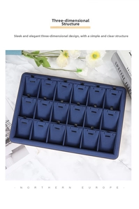 Detail view of a navy velvet 18-slot jewelry display tray with gold metallic edging