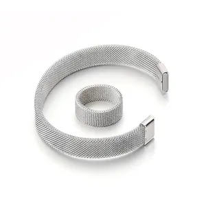 Minimalist Titanium Steel Mesh Jewelry Set Milanese Woven Open Cuff Bracelet And Matching Ring For Men Women Punk Style