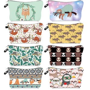 Sloth Printed Makeup Bag Portable Polyester Zipper Toiletry Organizer Travel Storage For Women Cute Tropical Pattern