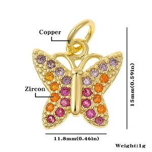 Macro shot of 15mm copper butterfly pendant with colorful zircon stones and dimensions
