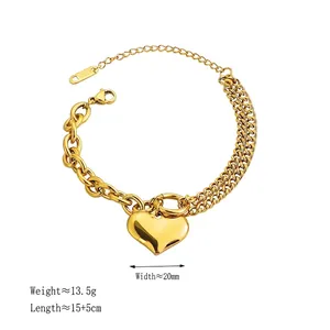 Gold vintage heart pendant bracelet in stainless steel with asymmetric chain links