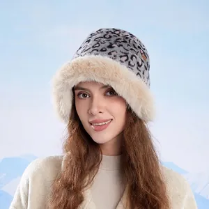 Chic winter leopard print faux fur bucket hat for women with plush ear protection