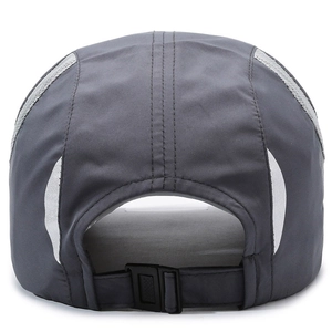 Rear view of dark grey breathable mesh baseball cap with adjustable snap buckle