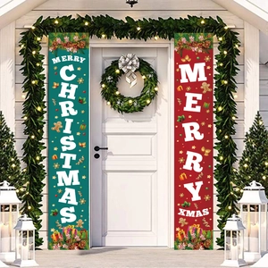 Festive red and green Merry Christmas door banners with gingerbread and snowflake motifs