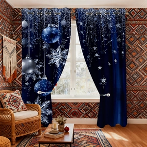 Detailed view of blue Christmas curtains with silver snowflakes and hanging grommets
