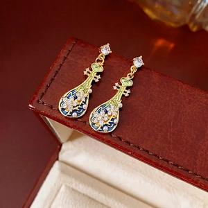 Vintage Pipa Shape Drop Earrings Alloy Rhinestone Imitation Artificial Pearl With Silver Earring Post Chinese Style For Women