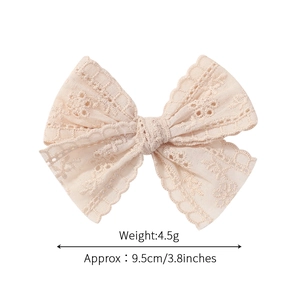 Lace hollow bow hair clip for babies with floral embroidery 9.5cm beige cotton hair accessory