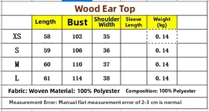 Detailed size chart for linen-blend loose fashion top with ruffled trim measurements