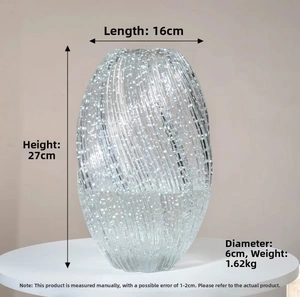 Luminous art glass vase with spiral texture, 27cm height, showing detailed dimensions