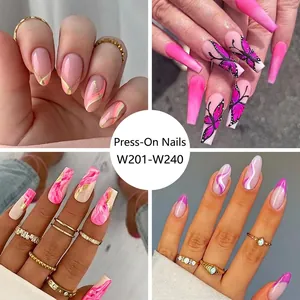 Fashionable French Press On Nails Multiple Sizes Long Almond Coffin Fake Nails With Butterfly Marble Heart Patterns For Women