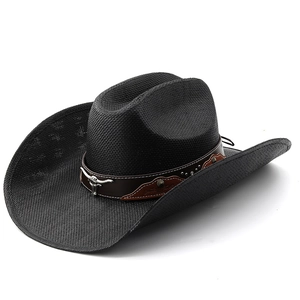 Black western cowboy hat with woven texture, leather band and silver bull head ornament