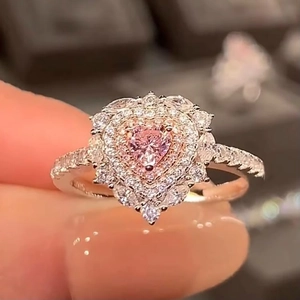 Anello di lusso a forma di cuore rosa in argento S925 con doppio alone di micro-diamanti