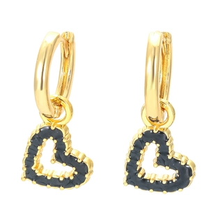 Detail of heart drop earrings with black oil drip finish and gold beaded edges