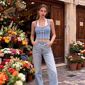 Gilet in maglia con scollo a V azzurro con bordo rosso e jeans dritti casual da donna