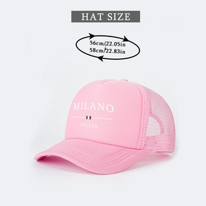 Pink trucker hat featuring Milano Italia print and adjustable mesh back for size 56-58cm