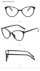 Three-view layout of vintage cat eye anti-blue light glasses frames in bright black C1