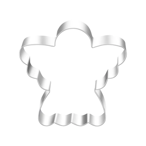 Close-up of angel shaped stainless steel cookie cutter showing metallic texture and edge
