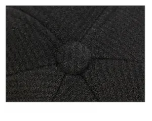 Close-up of the reinforced stitching and top button on a men's winter wool baseball cap