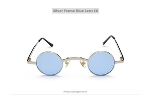 Front view of small round steampunk sunglasses with silver metal frame and blue lenses